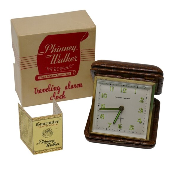Phinney Walker Brown Alligator Traveling Alarm Clock with Box PW28 WORKS - Picture 1 of 14